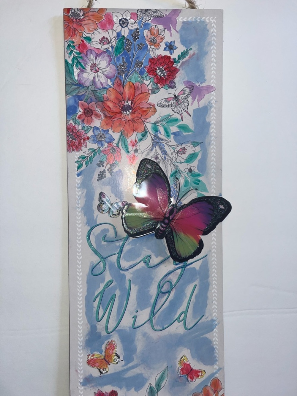 Floral Butterfly hanging Wall sign – Pink & Green Stay Wild Design